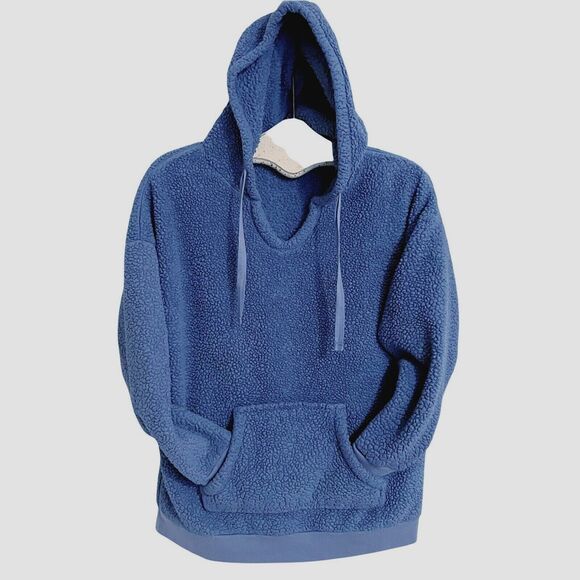 PJ Salvage Size M Denim Blue Cozy Sherpa Fleece Pullover Hoodie w Drawstrings - Picture 1 of 6
